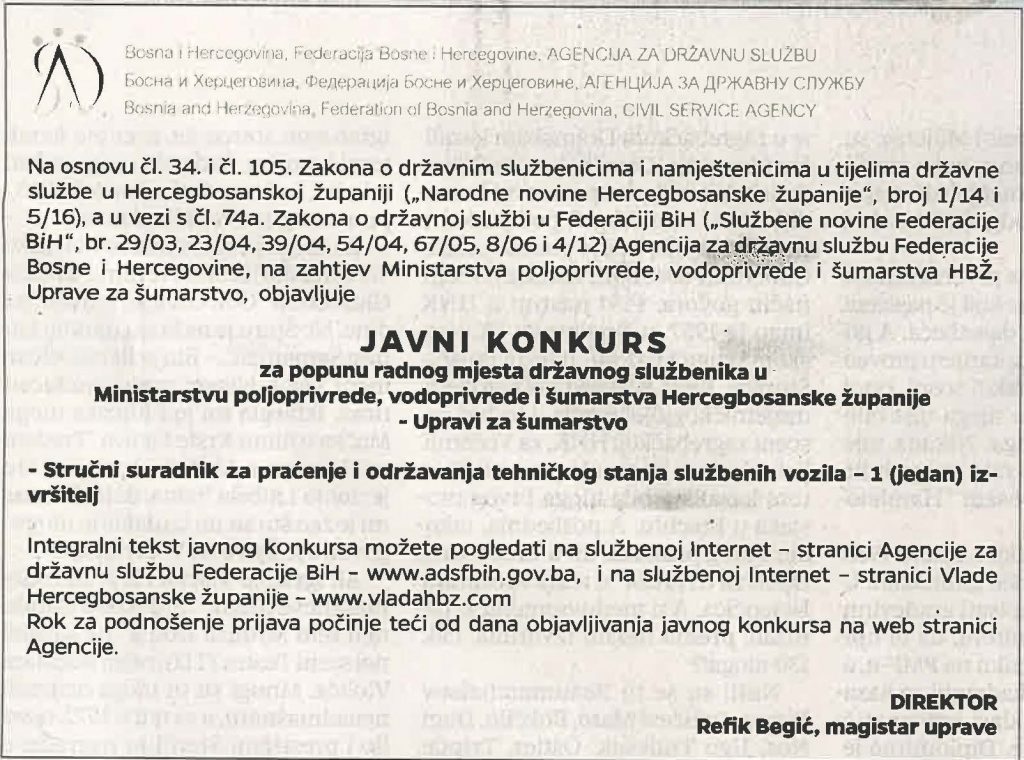 Javni Konkurs Za Popunu Radnog Mjesta Dr avnog Slu benika U 